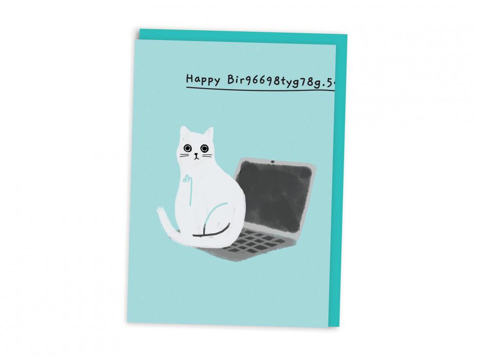 Ken the Cat Sitting on a Laptop Birthday Card